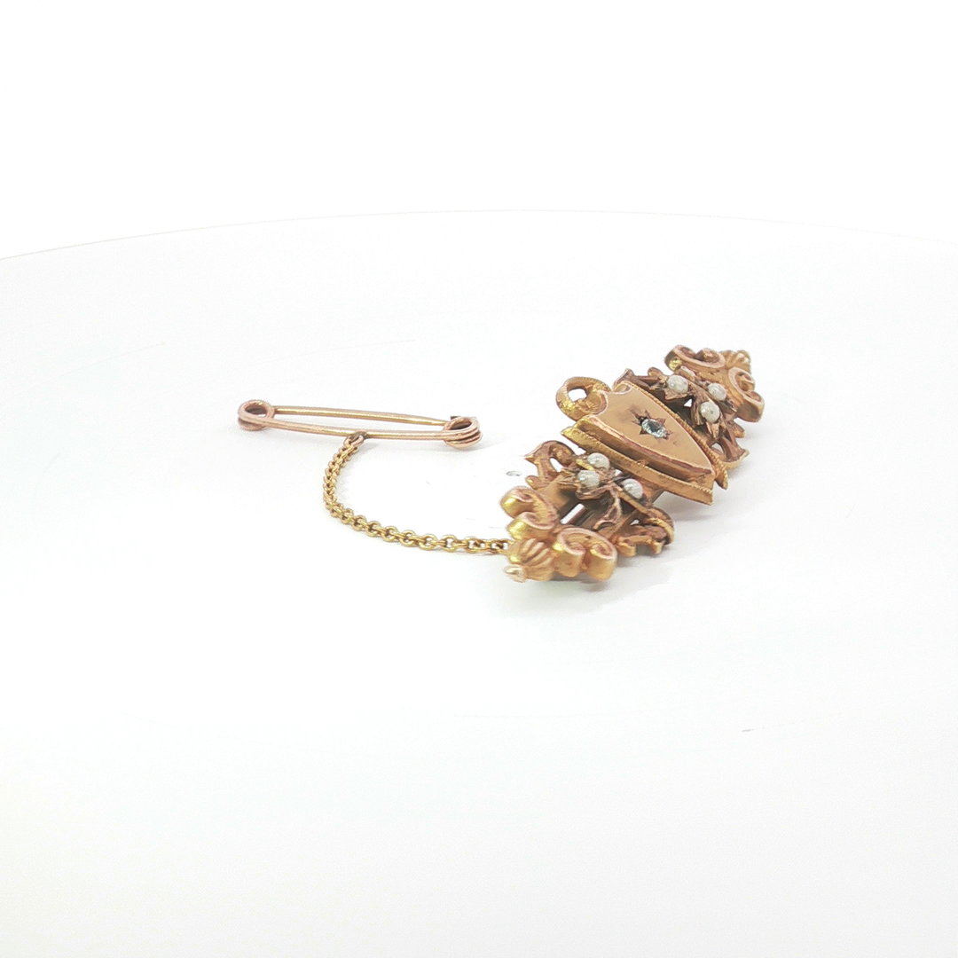 9ct YG Seed Pearl and Shield Motif Brooch