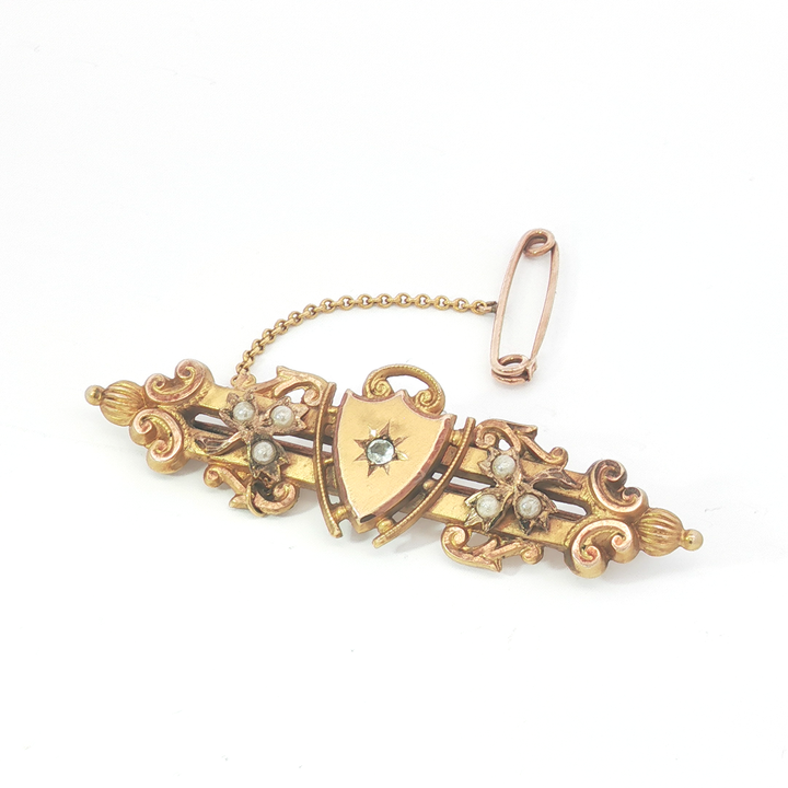 9ct YG Seed Pearl and Shield Motif Brooch