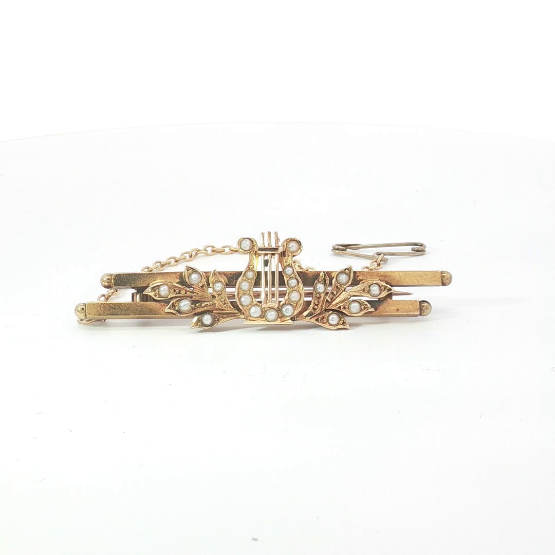 15ct YG Seed Pearl Lyre Bar Brooch