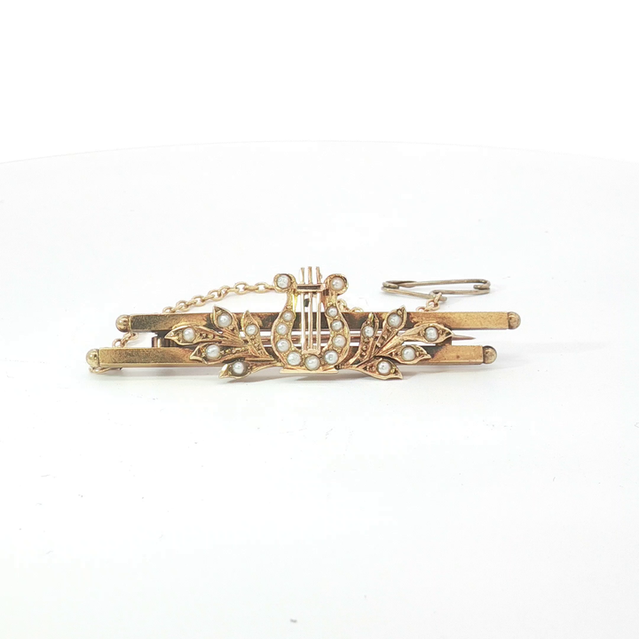 15ct YG Seed Pearl Lyre Bar Brooch