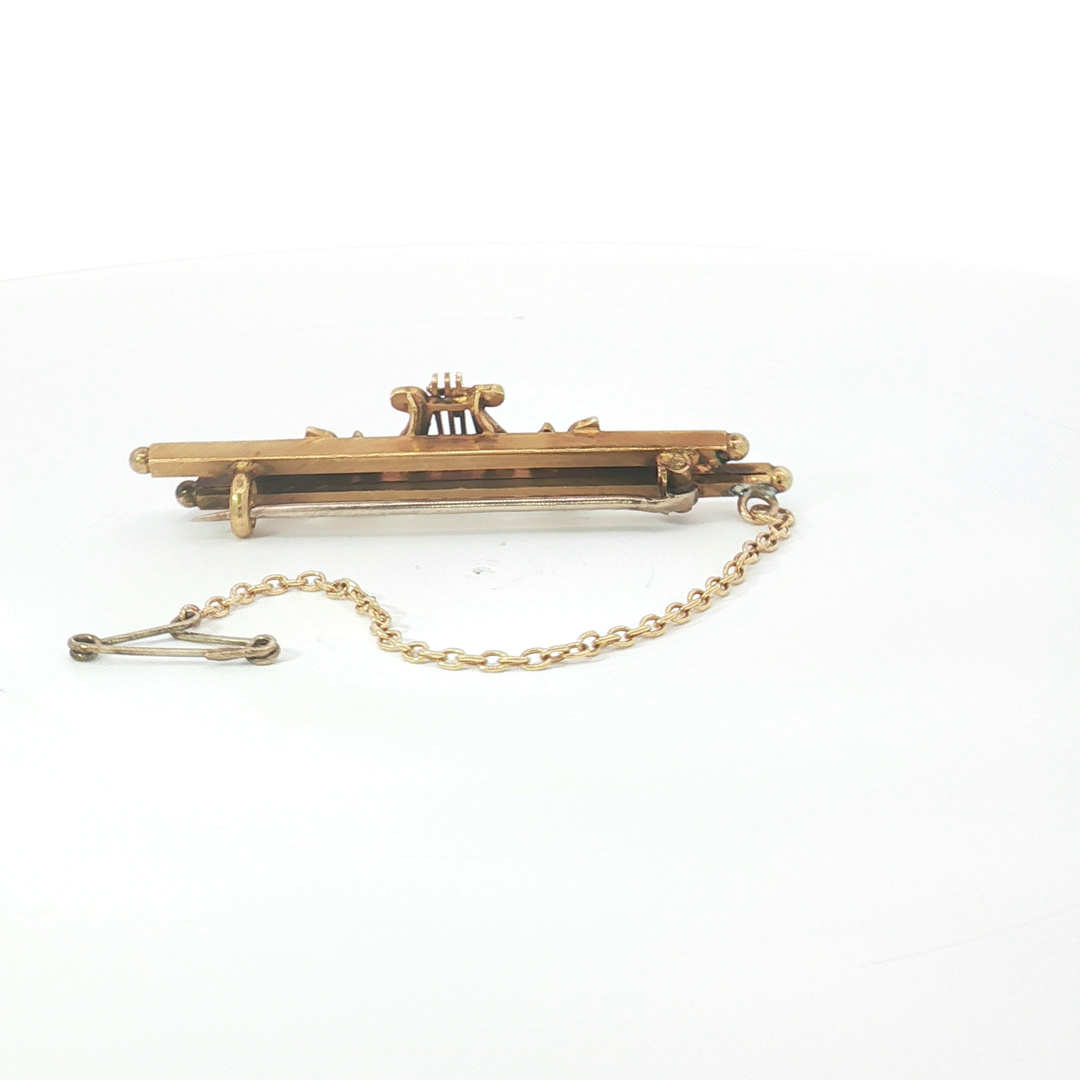 15ct YG Seed Pearl Lyre Bar Brooch