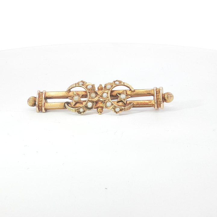 15ct YG Seed Pearl Crescent Moon and Star Bar Brooch