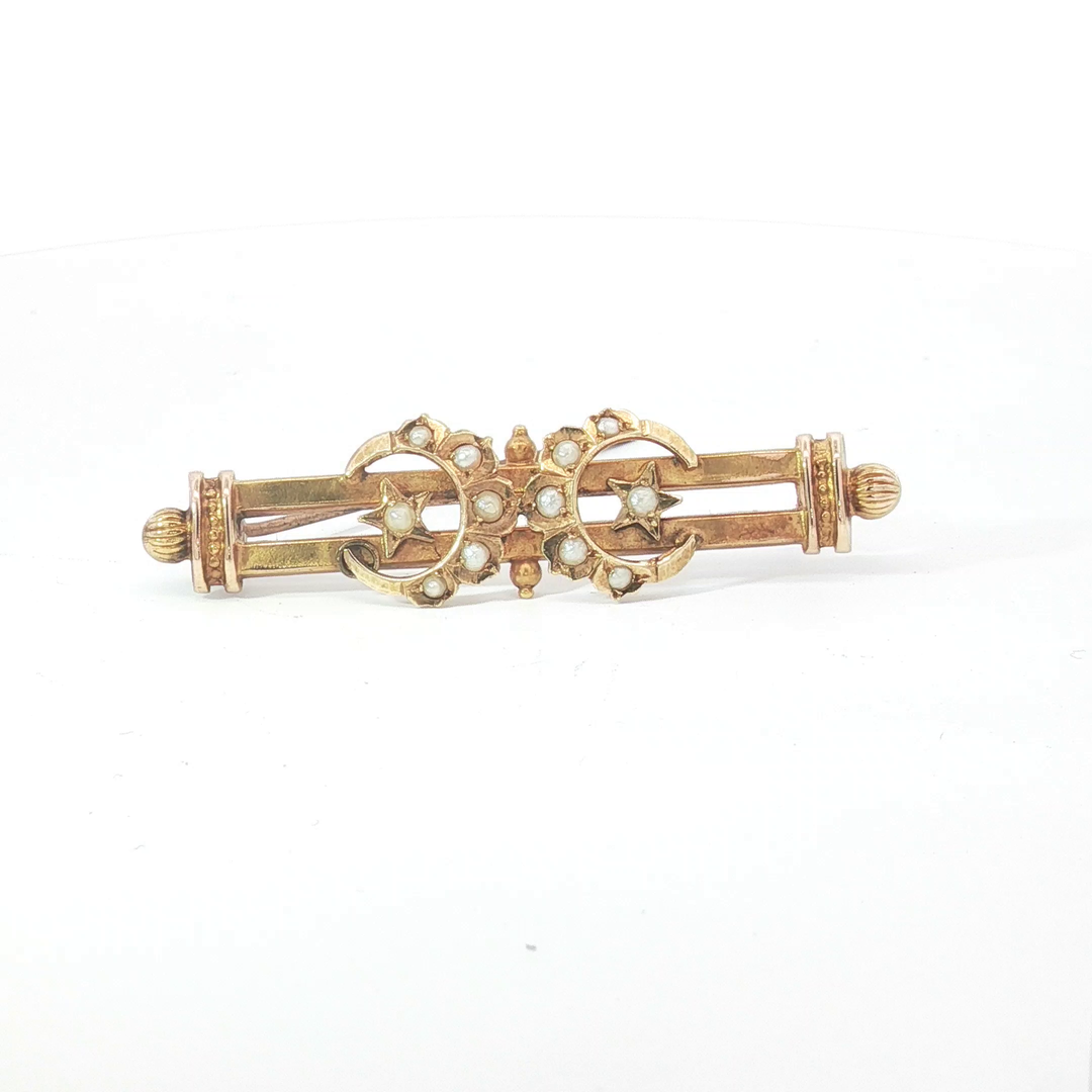 15ct YG Seed Pearl Crescent Moon and Star Bar Brooch
