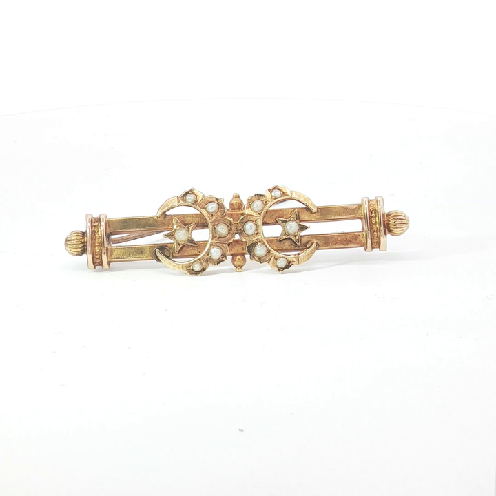15ct YG Seed Pearl Crescent Moon and Star Bar Brooch