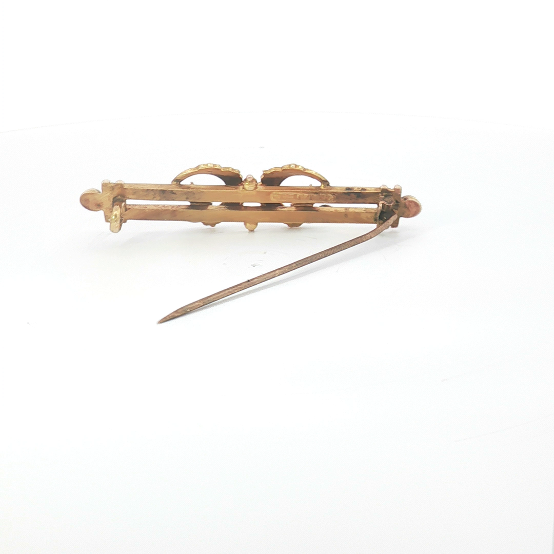 15ct YG Seed Pearl Crescent Moon and Star Bar Brooch