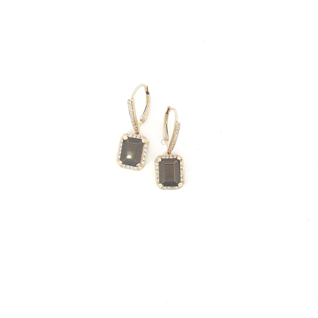 9ct YG Smoky Quartz and Diamond Halo Drop Earrings