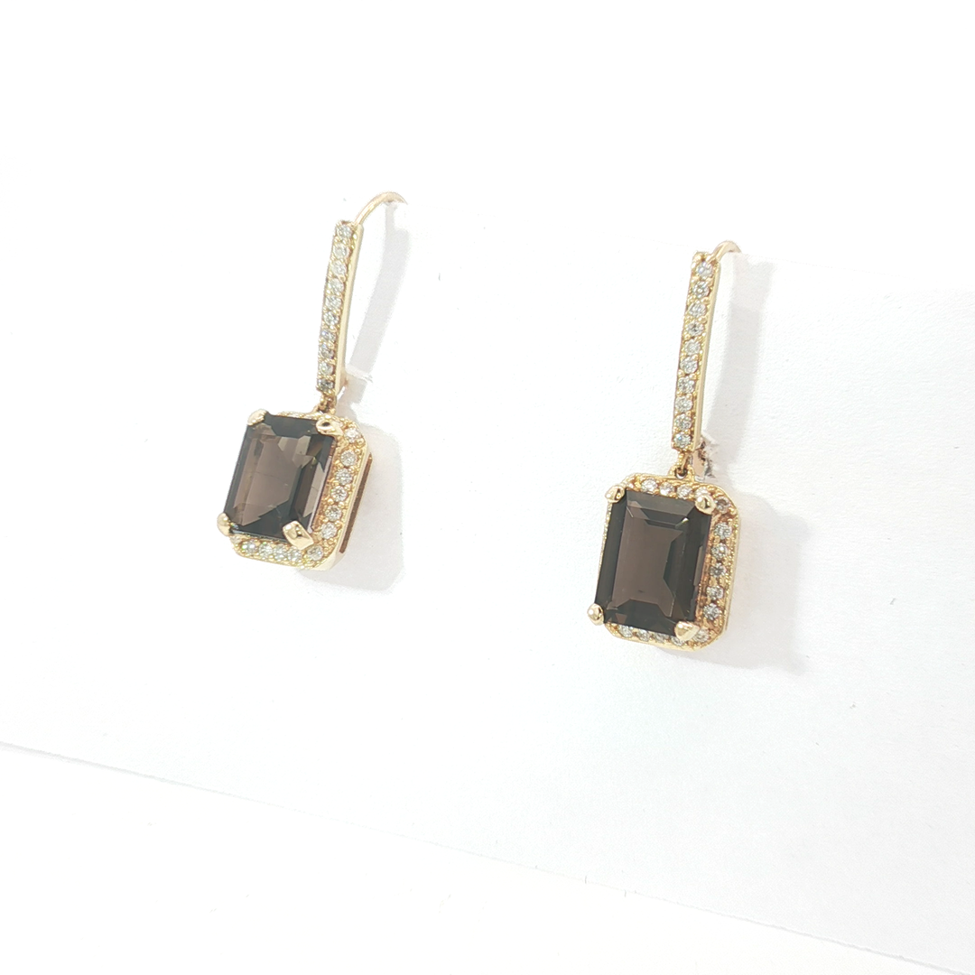9ct YG Smoky Quartz and Diamond Halo Drop Earrings