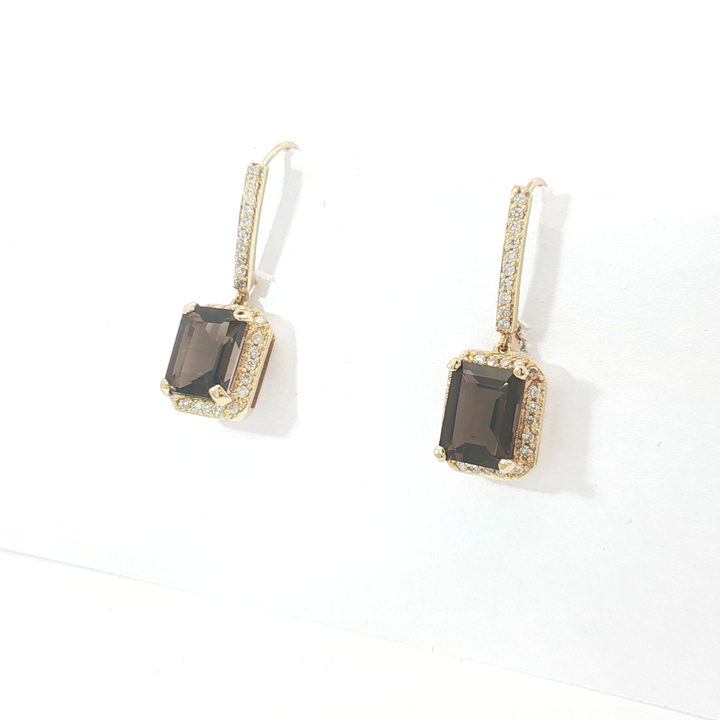 9ct YG Smoky Quartz and Diamond Halo Drop Earrings