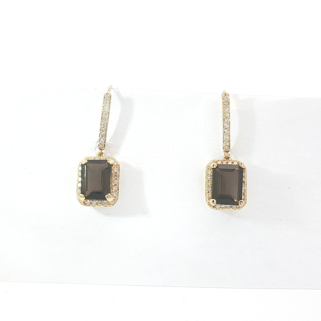 9ct YG Smoky Quartz and Diamond Halo Drop Earrings