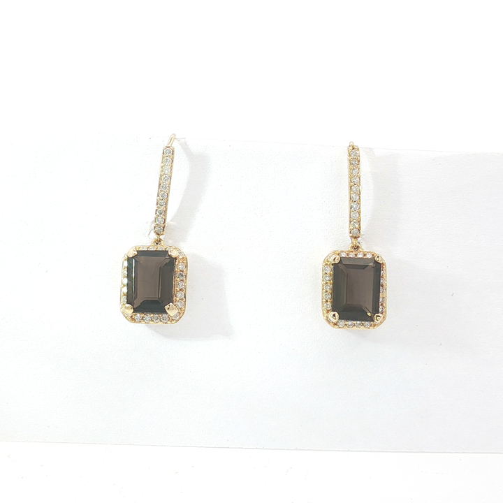 9ct YG Smoky Quartz and Diamond Halo Drop Earrings