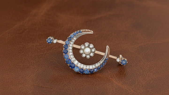 Victorian 15ct Gold and Silver Sapphire, Diamond and Pearl Crescent Moon Brooch
