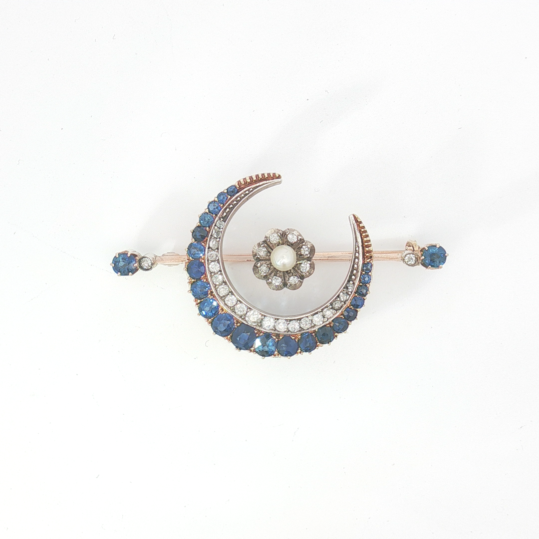 Victorian 15ct Gold and Silver Sapphire, Diamond and Pearl Crescent Moon Brooch