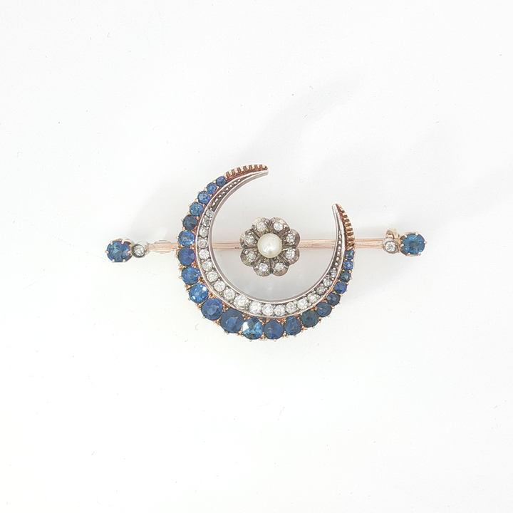 Victorian 15ct Gold and Silver Sapphire, Diamond and Pearl Crescent Moon Brooch