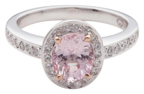 Handcrafted 18ct White Gold Pink Sapphire & Diamond Halo Engagement Ring