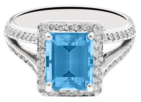 Handcrafted 18ct White Gold Aquamarine and Diamond Halo Ring