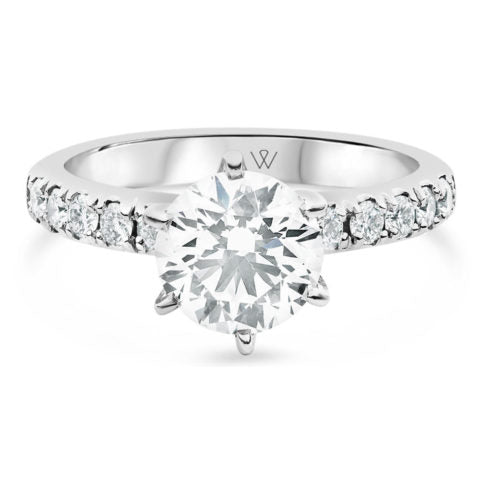 18ct White Gold Ladies 6 Claw Diamond Engagement Ring with Shared Claw Diamond Shoulders