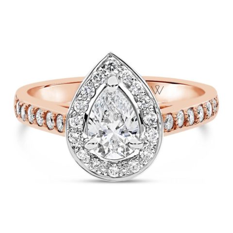 Ladies 18ct Rose Gold Pear Shape Diamond Halo Engagement Ring
