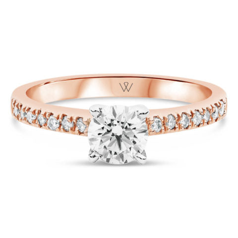 Handcrafted 18ct Rose Gold 4 Claw Diamond Engagement Ring With Diamond Set Shoulders