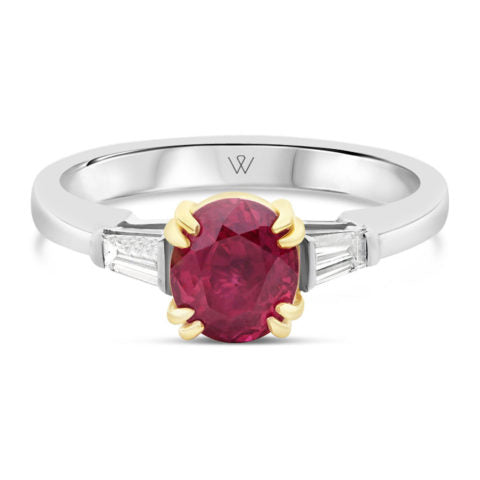 Handcrafted White Gold Ladies Ruby and Tapered Baguette Diamond Trilogy Ring