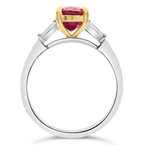 Handcrafted White Gold Ladies Ruby and Tapered Baguette Diamond Trilogy Ring