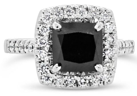 18ct white gold black diamond ring with asscher diamond halo