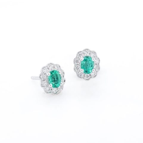 18ct White Gold Oval Emerald & Diamond Halo Stud Earrings