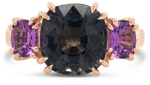 18ct rose gold grey spinel purple sapphire trilogy ring