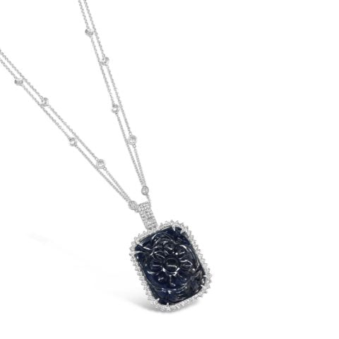 Ladies 18ct White Gold Carved Sapphire and Diamonds Pendant