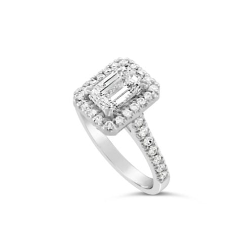 Ladies 18ct White Gold Emerald Cut Diamond Halo Engagement Ring