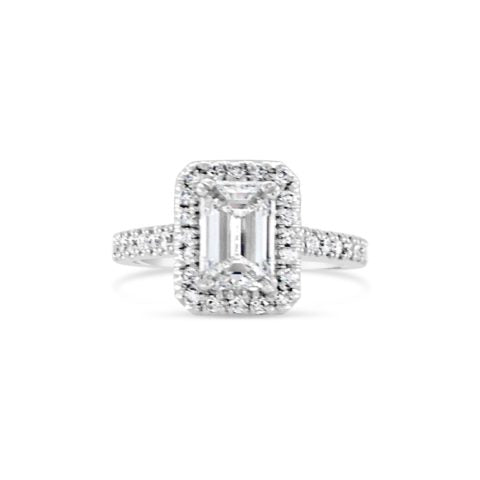 Ladies 18ct White Gold Emerald Cut Diamond Halo Engagement Ring