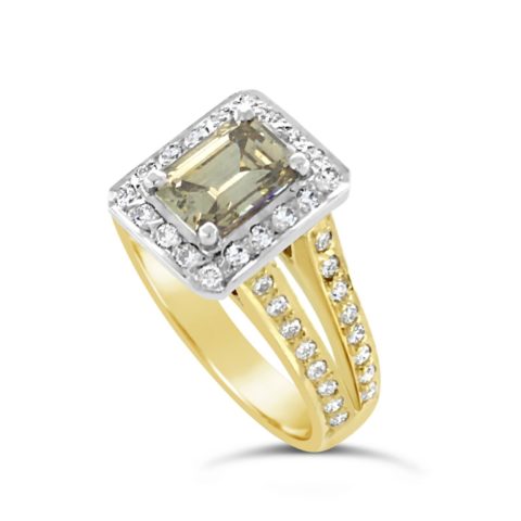 Ladies 18ct Two Tone Emerald Cut Halo Diamond Enagaement Ring