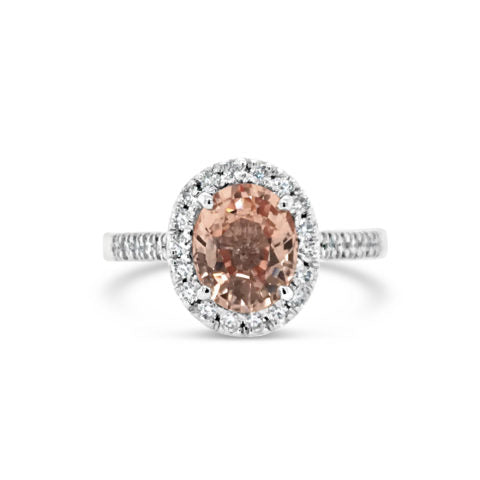 Ladies 18ct White Gold Padparadscha Oval Halo Engagement Ring