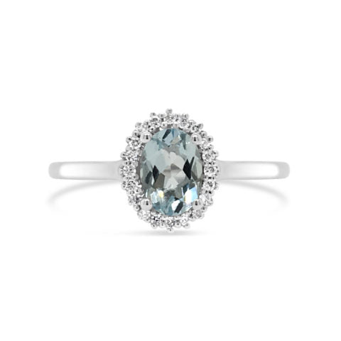 18ct White Gold Aquamarine and Diamond Halo Ring