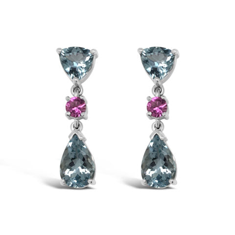 Ladies 18ct White Gold Aquamarine and Pink Sapphire Drop Earrings