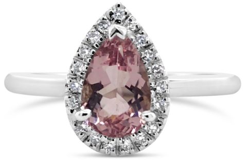 18ct white gold morganite pear halo ring