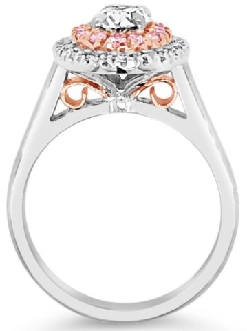 18ct white gold oval double halo engagement ring featuring pink and white diamonds