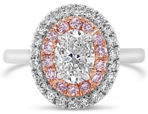 18ct white gold pear diamond with pink diamond halo engagement ring