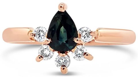 18ct rose gold pear shape parti sapphire with diamond half halo ring