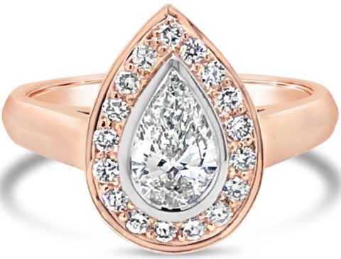 18ct rose gold pear diamond halo engagement ring