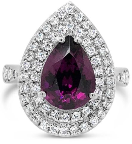 18ct white gold rhodolite garnet diamond double halo ring