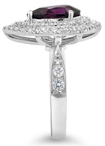 18ct white gold rhodolite garnet diamond double halo ring