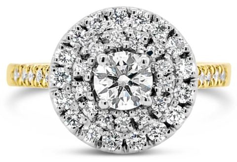 18ct white & yellow gold rbc diamond double halo engagement ring