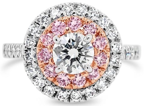 18ct white & rose gold rbc diamond engagement ring with pink & white diamond double halo