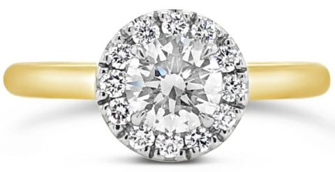 18ct yellow gold rbc diamond halo engagement ring