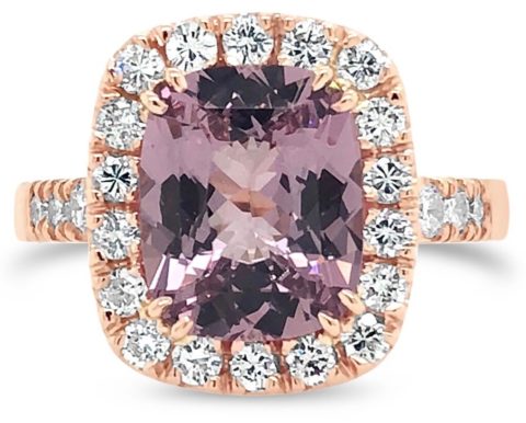 18ct rose gold sapphire spinel cushion halo ring