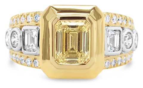 18ct yellow gold emerald cut yellow & white diamond ring
