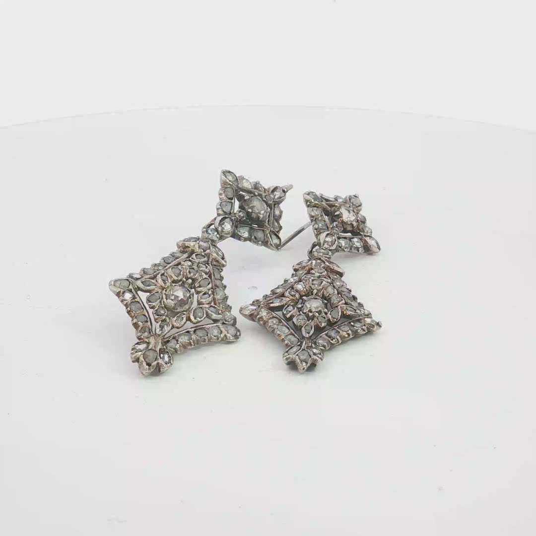 Silver Rose-Cut Diamond Lozenge Drop Earrings