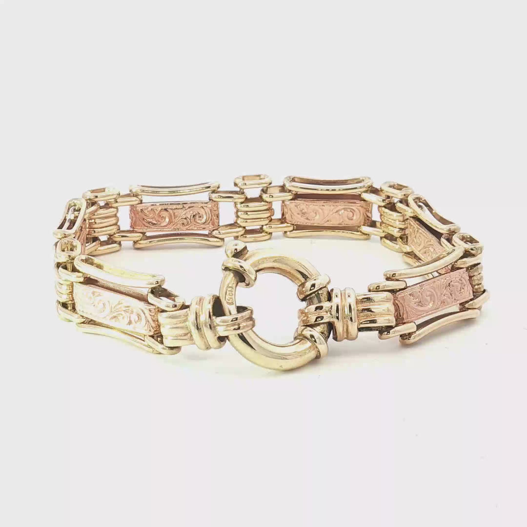 9ct YG/RG Engraved Bracelet with Large Bolt Ring