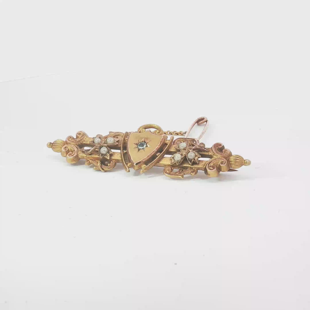 9ct YG Seed Pearl and Shield Motif Brooch