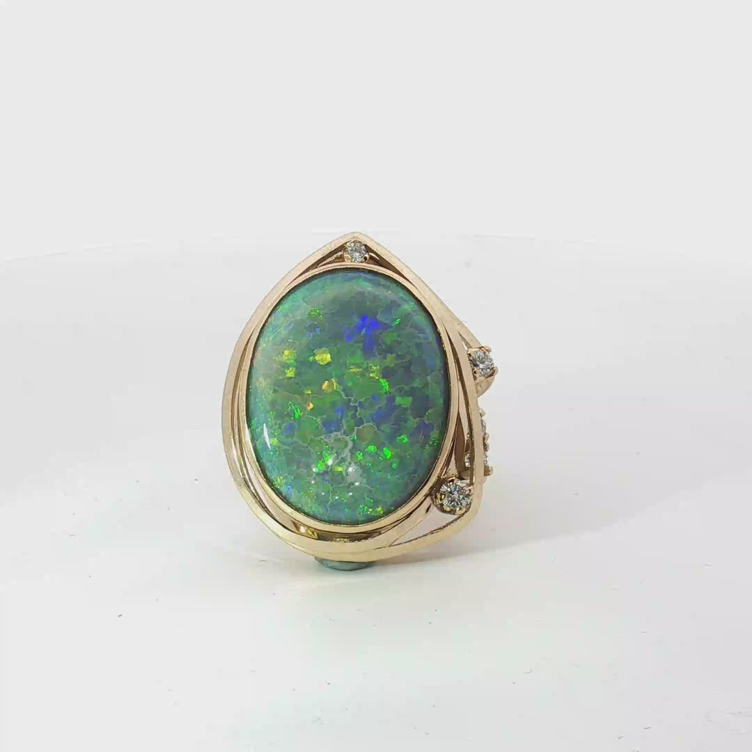 18ct Yellow Gold Lightening Ridge Opal and Diamond Cabochon Cocktail Ring